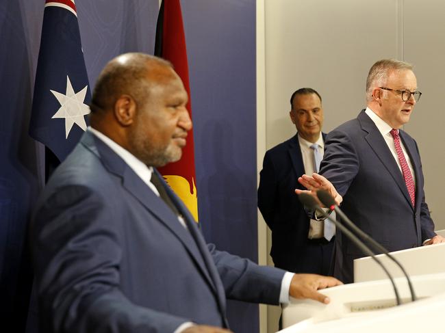 Just hours after the agreement was approved, Papua New Guinea Prime Minister James Marape, ARL Commission chair Peter V'lamdys and Prime Minister Anthony Albanese held a joint press conference in Sydney on bi-lateral security arrangements and PNG's entry into the NRL. Picture: NewsWire