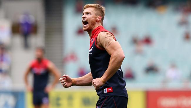 Colin Sylvia celebrates a goal during his 157-game AFL career with Melbourne.