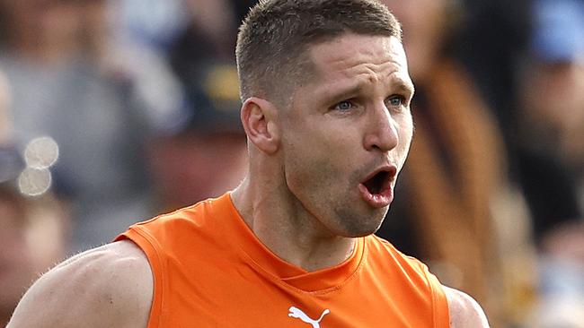 Giants Jesse Hogan celebrates kicking a goal  during the AFL Round 21 match between the GWS Giants and Hawthorn Hawks at Manuka Oval, Canberra on August 4, 2024. Photo by Phil Hillyard(Image Supplied for Editorial Use only - **NO ON SALES** - Â©Phil Hillyard )