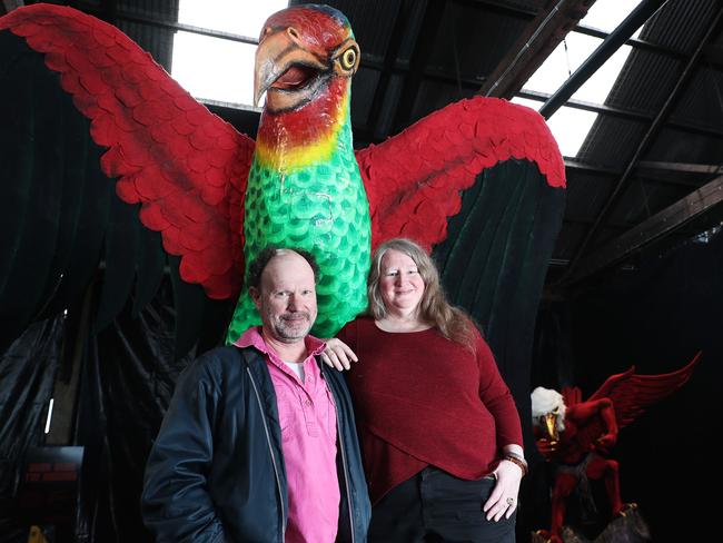 The swift parrot ogoh-ogoh with director Ian Pidd and creative producer Kaz Ross. Picture: LUKE BOWDEN