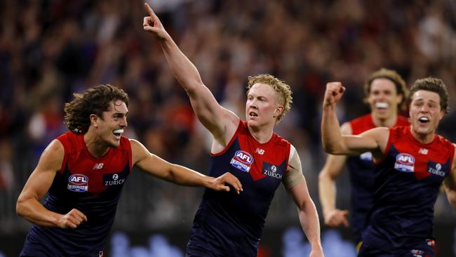 Clayton Oliver celebrates a goal in the 2021 Grand Final. Picture: Getty Images