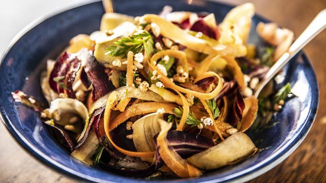 The colourful, healthy Carrot Salad, featuring rainbow carrots, labneh, and herbs with honeyed-toasted grains at Cygnet’s Ilha restaurant. Picture: EDDIE SAFARIK