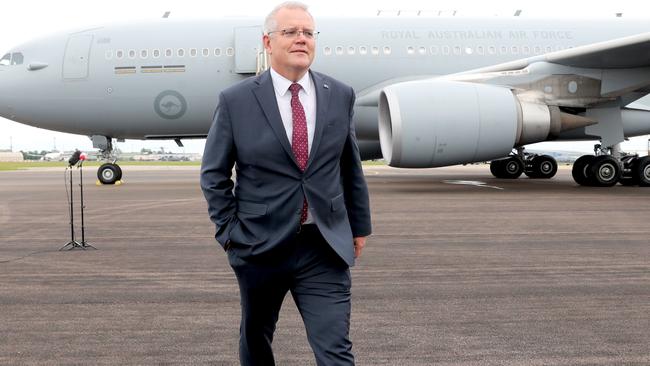 Australian Prime Minister Scott Morrison lands in the United Kingdom ahead of the G7 Summit in Cornwall. Picture: Adam Taylor/PMO