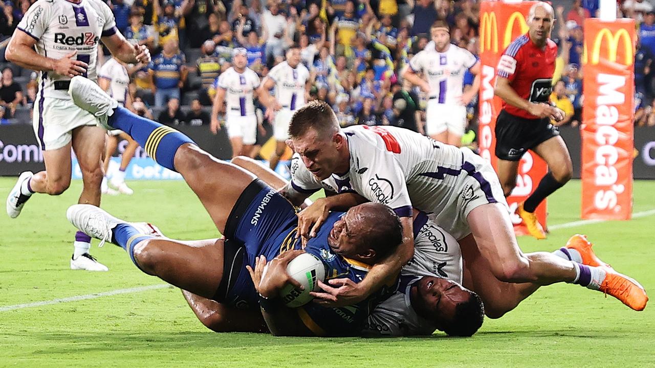 Hodgson set up Parramatta’s second try of the night but his Eels debut didn’t go to plan with the Storm getting the win in golden point. Picture: Cameron Spencer / Getty Images