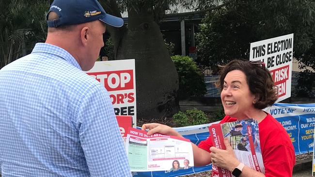 Queensland Bar Association president Rebecca Treston QC hands Peter Dutton Labor’s how-to-vote material at an election station, in a photo she then posted online.