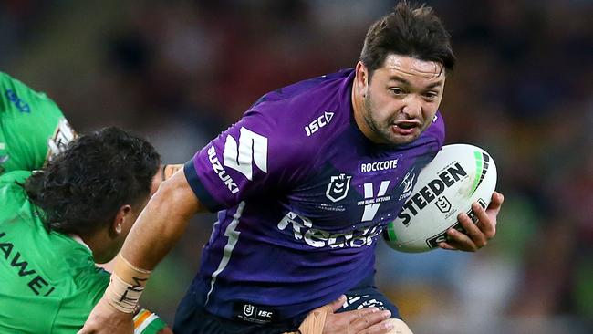 BRISBANE, AUSTRALIA - OCTOBER 16: Brandon Smith of the Storm makes a run during the NRL Preliminary Final match between the Melbourne Storm and the Canberra Raiders at Suncorp Stadium on October 16, 2020 in Brisbane, Australia. (Photo by Jono Searle/Getty Images)