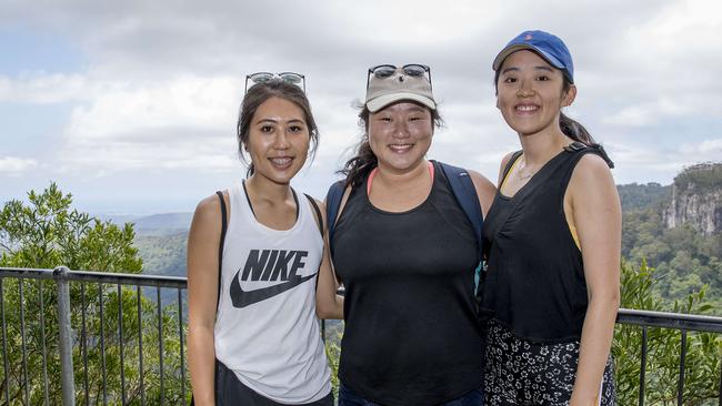 Vicky Su, Jessica Chen and Danica Liu had just finished their hike. Picture: Jerad Williams