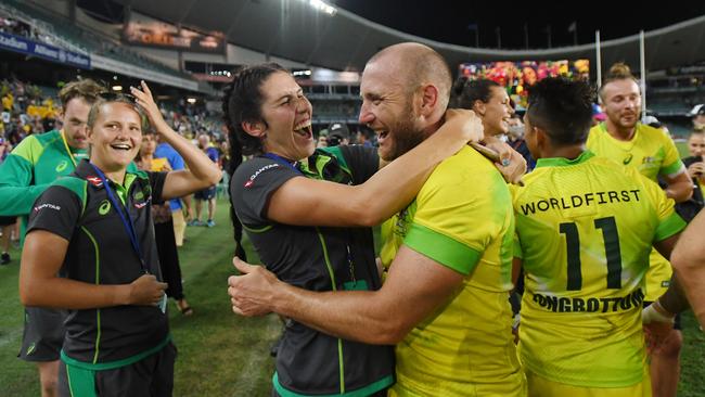 Charlotte Caslick and James Stannard were out with her partner Lewis Holland in Sydney on March 30 when Stannard was later coward punched, ruling him out of teh Commonwealth Games. Picture: AAP Image/David Moir