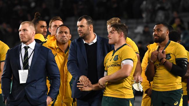 Wallabies players react to a Bledisloe Cup defeat last year. Picture: AAP