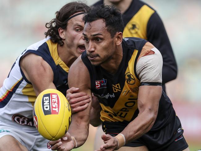 SANFL - PRELIMINARY FINAL - Glenelg v Adelaide Crows at Adelaide Oval. Marlon Motlop and William Hamill Picture SARAH REED