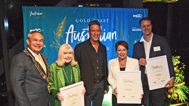 Mayor Tom Tate, Regina King, Dr Hal Rice, Kathleen Simpson and Curtis McGrath - finalists at Gold Coast Australian of the Year presentations at Exhibitionist Bar, HOTA, Bundall. Pic: Regina King