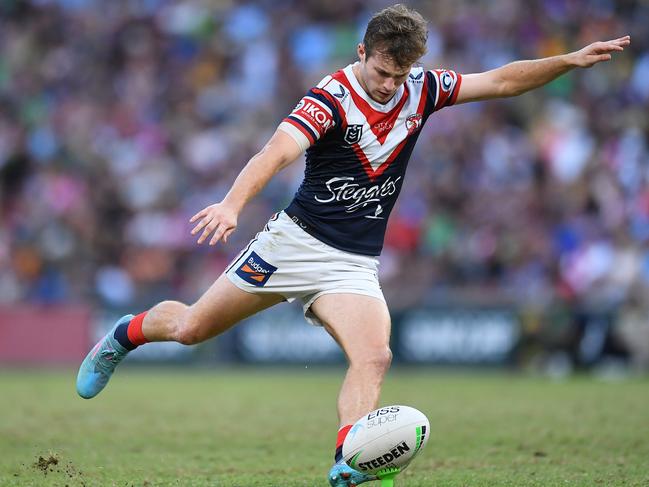 BRISBANE, AUSTRALIA - MAY 15: Sam Walker of the Roosters kicks a penalty goal during the round 10 NRL match between the Sydney Roosters and the Parramatta Eels at Suncorp Stadium, on May 15, 2022, in Brisbane, Australia. (Photo by Albert Perez/Getty Images)