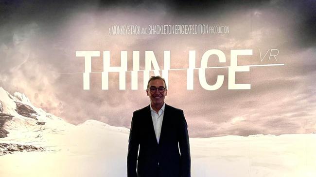 Premier Steven Marshall poses at the SA Museum on February 6 with a promotional poster for the Thin Ice VR movie about Sir Ernest Shackleton. Picture: South Australian Museum/Facebook.