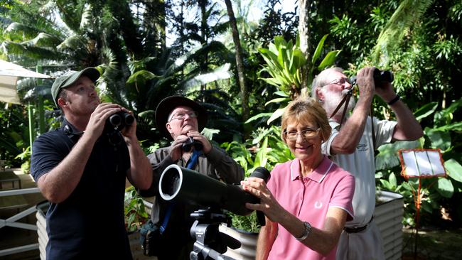 Brett Armstrong of Cairns North, Brian Fitield of Manoora, Mandy Shaw from Mackay and guide John Seale on the look out for the regions birdlife at Flecker Gardens. PICTURE: STEWART McLEAN