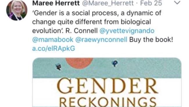 Santa Sabina principal Maree Herrett’s tweet on the book Gender Reckonings. Her Twitter account has since been deactivated. (Pic: Supplied)