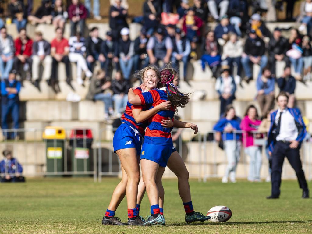 Downlands celebrate a Jess Fitzgibbons try in the final game against Glennie in rugby sevens Selena Worsley Shield on Grammar Downlands Day at Downlands College, Saturday, August 6, 2022. Picture: Kevin Farmer