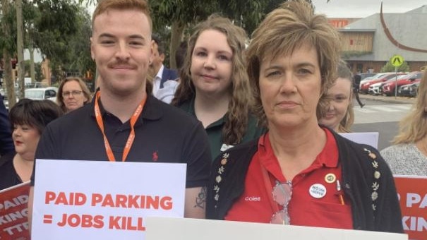 Tea Tree Plaza workers Dylan Godfrey and Dianne Hewitt oppose Westfield's paid parking plan. Picture: Ben Cameron