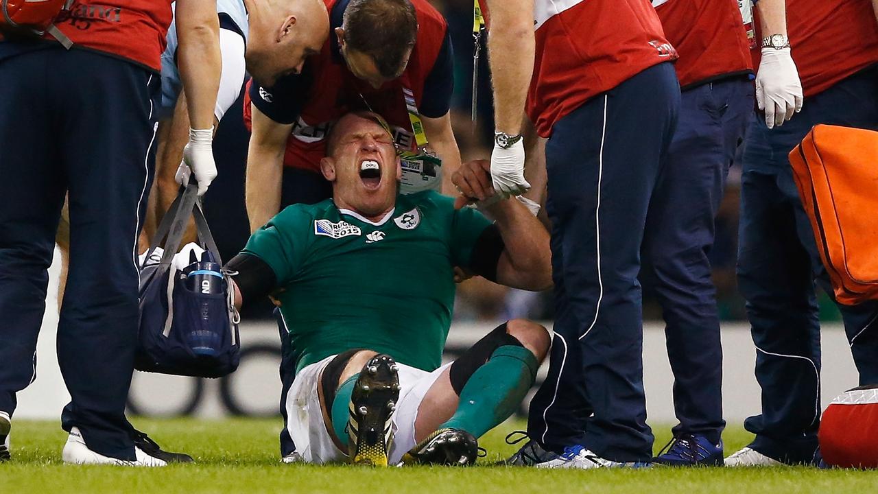 CARDIFF, WALES - OCTOBER 11: Paul O'Connell of Ireland reacts as he receives medical treatment during the 2015 Rugby World Cup Pool D match between France and Ireland at Millennium Stadium on October 11, 2015 in Cardiff, United Kingdom. (Photo by Stu Forster/Getty Images)