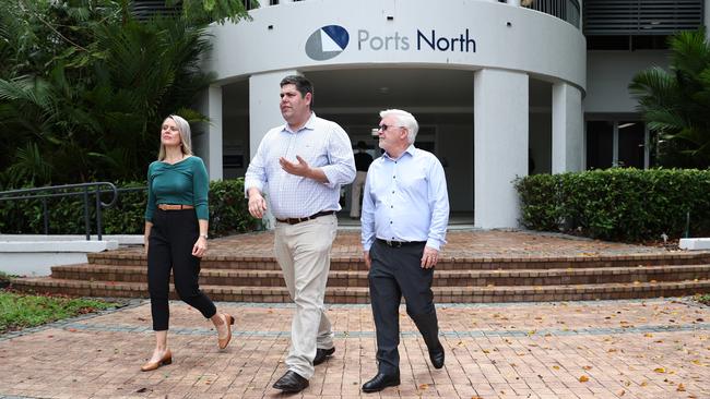 Barron River MP Bree James, Transport Minister Brent Mickelberg and Mulgrave MP Terry James, walking by the Ports North office after revealing the budget for the Cairns Marine Precinct Common User Facility had blown out to $826m. Picture: Arun Singh Mann