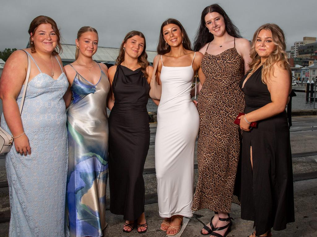 Laura Flakemore, Jessica Smith, Lila Coventry, Dalanah Hopkins, Millie Doreen, and Breeana Terry at the Hobart College leavers dinner 2024.  Picture: Linda Higginson