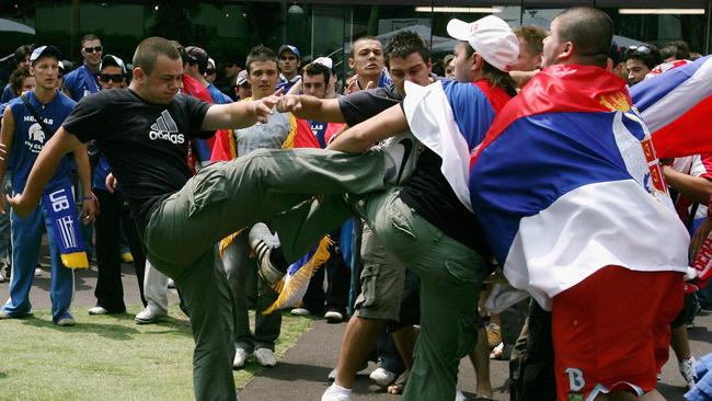 Serbian and Croatian fans scuffle in Garden Square in 2007. Picture: Getty