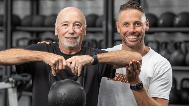 ** PLEASE HOLD FOR HEALTH OF THE NATION **23/01/25. Network News. Feature. Sydney, NSW. Pics by Julian Andrews.Personal trainer and gym manager, Pat Carr, with his Dad Maurice in PatÃs gym in Caringbah. Pat says that strength training is the secret weapon to weight loss and longevity.