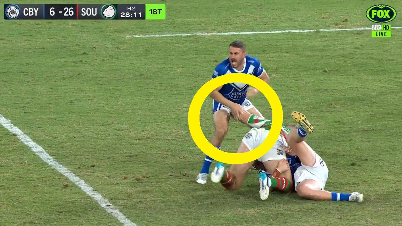 Not how Josh Reynolds expected his tackle to go. Photo: Fox League.