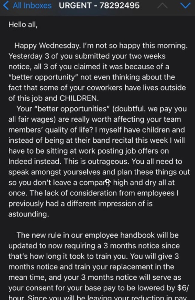 A boss fired off this savage email after three workers quit at the same time. Picture: Reddit/