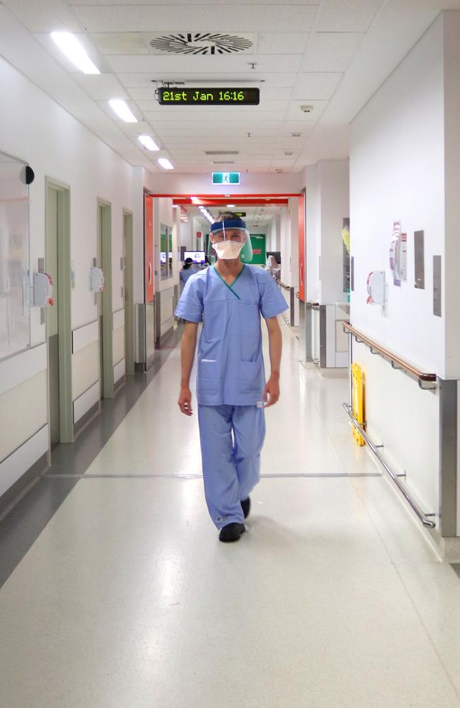 Student In Nursing Matthew Vella working on the ‘lonely’ Covid-19 ward at Mackay Base Hospital. Picture: Contributed