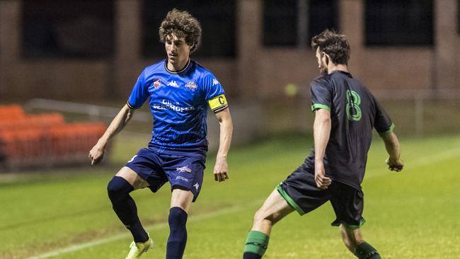 South West Queensland Thunder captain Mirko Crociati (left) against Souths United in FQPL1 round 12 football at Clive Berghofer Stadium, Saturday, June 12, 2021. Picture: Kevin Farmer