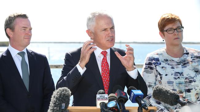 Prime Minister Malcolm Turnbull flanked by Industry Minister Christopher Pyne and Defence Minister Marise Payne at the Future Submarines announcement at ASC. Picture: Tait Schmaal