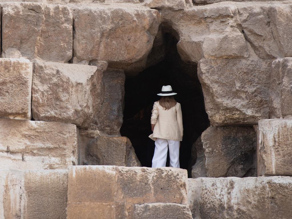 US First Lady Melania Trump enters the Great Pyramid in Giza, Egypt. Conspiracy theorists claim the pyramids are the last surviving remnant of the prehistoric Atlanteans, and were not built by the Egyptians. Picture: AFP