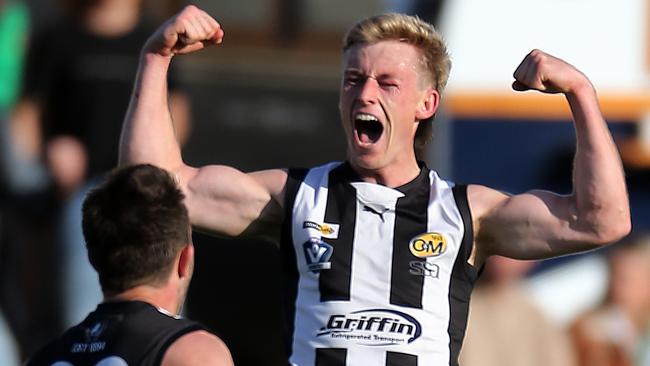 Joe Richards celebrates a goal for Wangaratta Magpies in this year’s Ovens and Murray grand final. Picture: Yuri Kouzmin