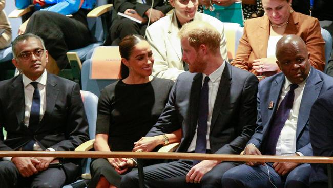 The Sussexes were photographed holding hands at the United Nations headquarters. Picture: AFP