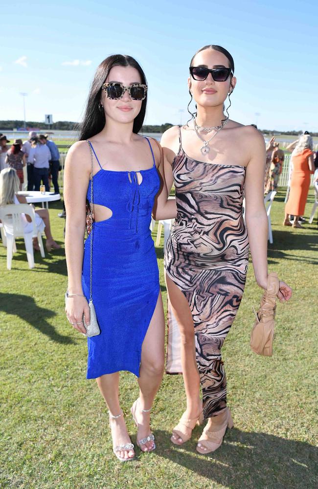 Alyssa Barker and Indie Temenes at Ladies Oaks Day, Caloundra. Picture: Patrick Woods.