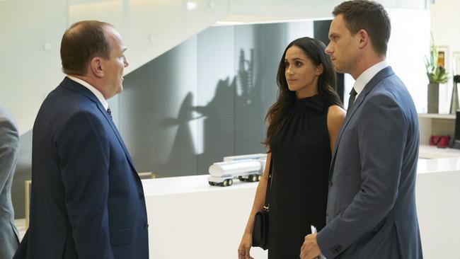 Meghan Markle as Rachel Zane, Patrick J. Adams as Mike Ross in Suits. Picture: Ian Watson/USA Network