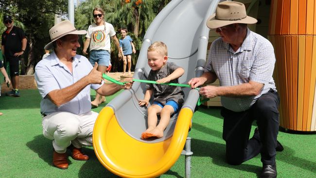 Kip Sullivan breaking the ribbon and officially opening the redeveloped playground at Rockhampton Botanic Gardens on March 11, 2023. Also featured is mayor Tony Williams, Cassandra Sloss (white shirt) and Member for Rockhampton Barry O’Rourke. Picture: RRC