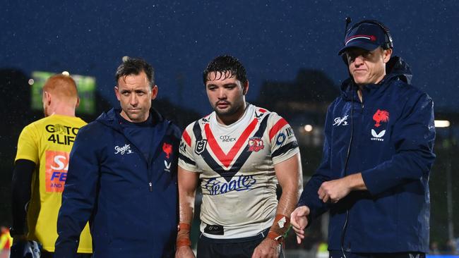 Brandon Smith of the Roosters is taken off for concussion. Picture: Getty