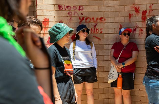 Alice Springs residents held a protest outside the town's police station on Sunday after the fatal shooting Mr Walker in Yuendumu. Picture: Emma Murray