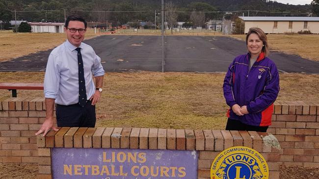 ON THE UP: Maranoa MP David Littleproud with Stanthorpe Netball Association President Natalie Vedelago in front of the now demolished old courts.