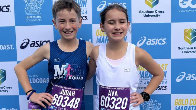 Judah Magarey and Ava Gard, winners of the 2km Junior Dash at the 2024 Gold Coast Marathon.