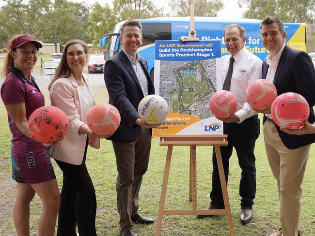 Rockhampton Netball Association President Simone Hitchcock, LNP Rockhampton candidate Donna Kirkland, Opposition Deputy Leader Jarrod Bleijie, Rockhampton Regional Council Mayor Tony Williams, LNP Keppel candidate Nigel Hutton and LNP Mirani candidate Glen Kelly at the LNP's $42 million announcement at Rockhampton CQUniversity campus. The LNP has committed to funding Stage 1 of the Rockhampton Sports Precinct, if elected at the October 2024 state election.