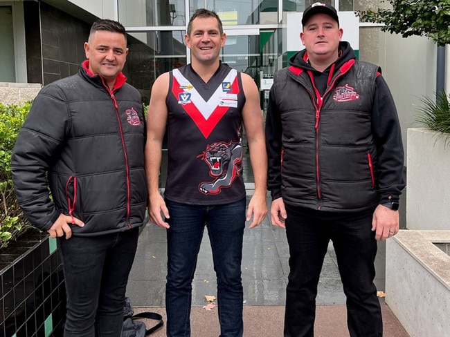 Luke Hodge with Devon Meadows coach Ryan Hendy (left) and club president Chris Langley. Picture: Devon Meadows FNC