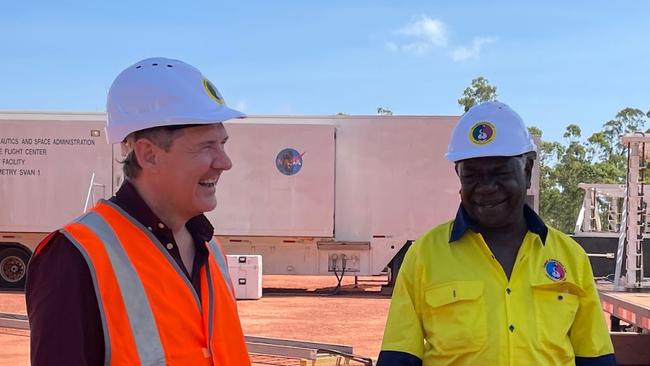 Chief Minister Michael Gunner with Gumatj Corporation chair Djawa Yunupingu at the Arnhem Space Centre. Picture: Amanda Parkinson