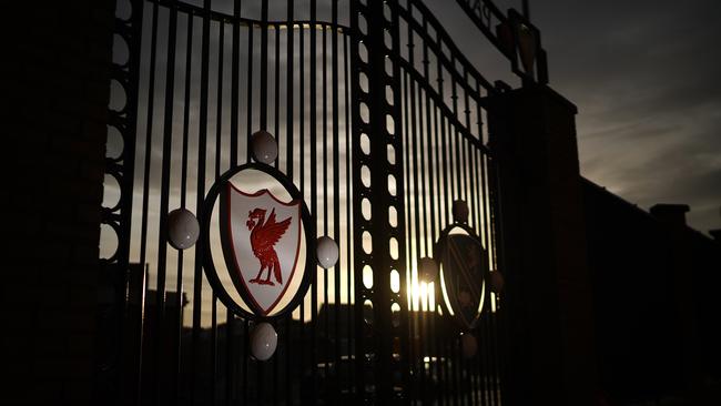 Dusk falls over Liverpool’s home ground Anfield as the EPL endures a shutdown. Picture: Getty Images