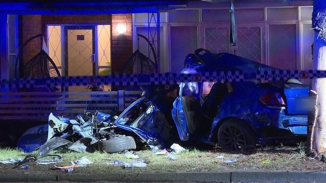 The car was completely destroyed when it crashed into a tree. Picture: Nine