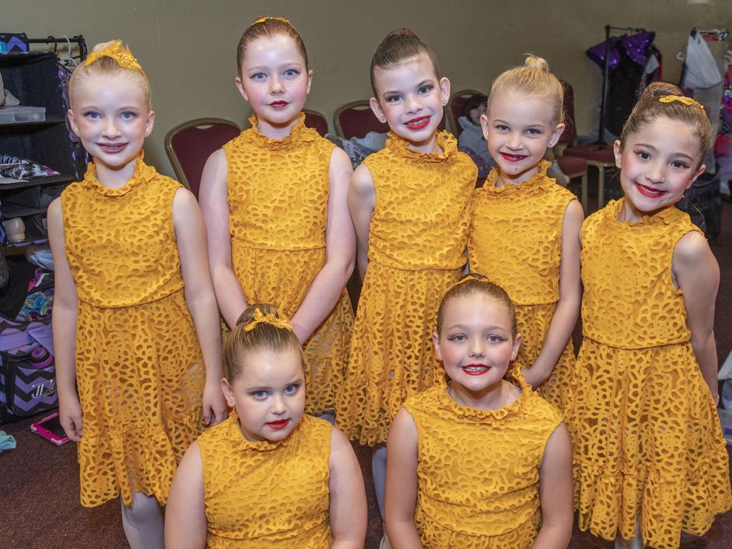 (back from left) Sadie Huston, Stella Walsh, Rose Shepley, Claire Beer and Casey Wu. (front from left) Evie Waller and Ava Dargusch from Dance Force. The 76th City of Toowoomba Eisteddfod. Friday, August 5, 2022. Picture: Nev Madsen.