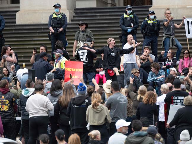 Protesters rally against Covid restrictions at the steps of parliament. Picture: Tony Gough