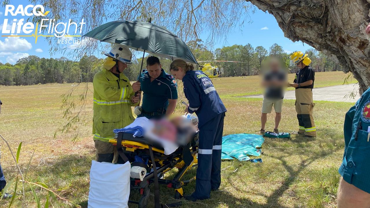 A woman in her 50s was flown to the Sunshine Coast University Hospital after a light plane she was in crashed in a Noosa region backyard on November 12. Picture: RACQ LifeFlight