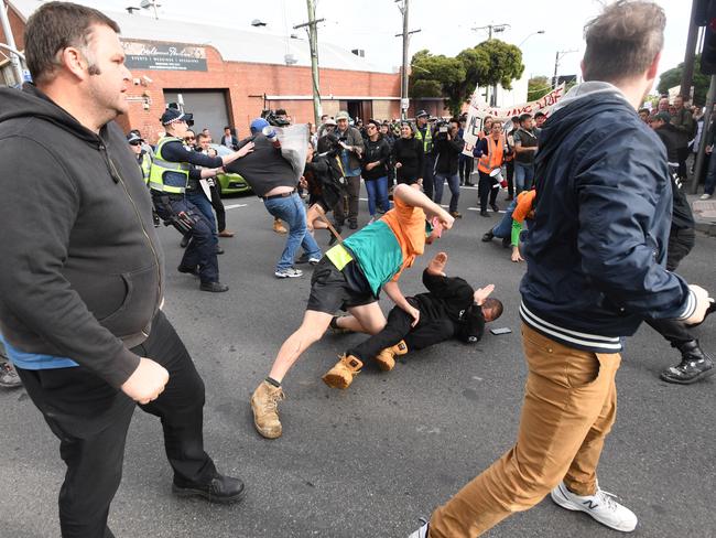 Protesters clashing in Kensington before controversial public speaker Milo Yiannopoulos’ appearance. Picture: AAP Image/James Ross